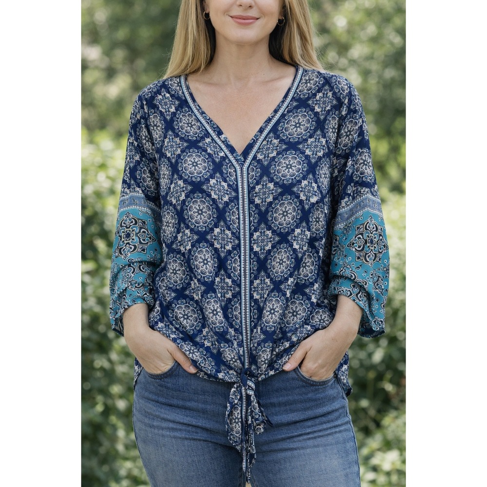Womens Boho Hippie Artsy Blue Medallion Print V-Neck Tie Front Blouse Top  2X
